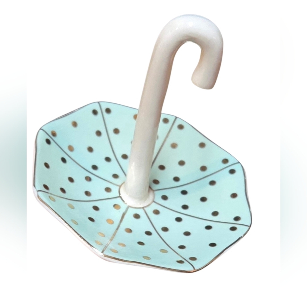 Vtg. Tri-Coastal Designs Aqua Gold White Umbrella Ring Dish Holder
